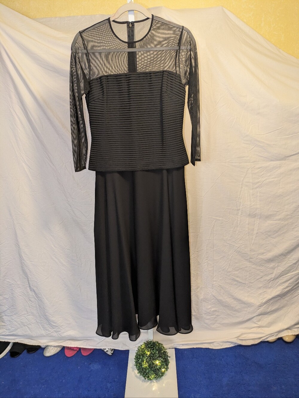 Patra Black Long Sleeve Sheer Bodice A-Line Dress